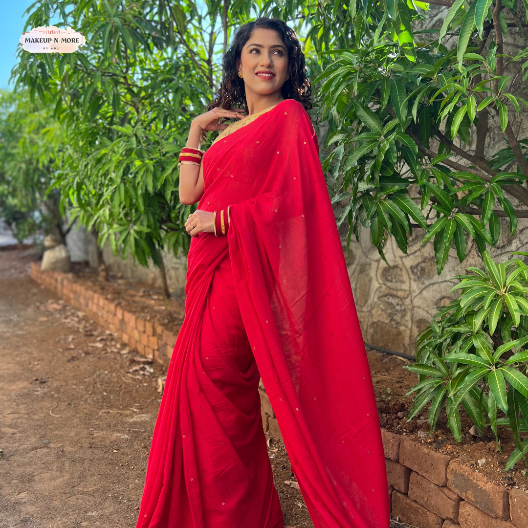 Timeless Elegance: The Perfect Combination of a Red Saree and Minimalist Day Makeup - MakeupnmorebyAmu